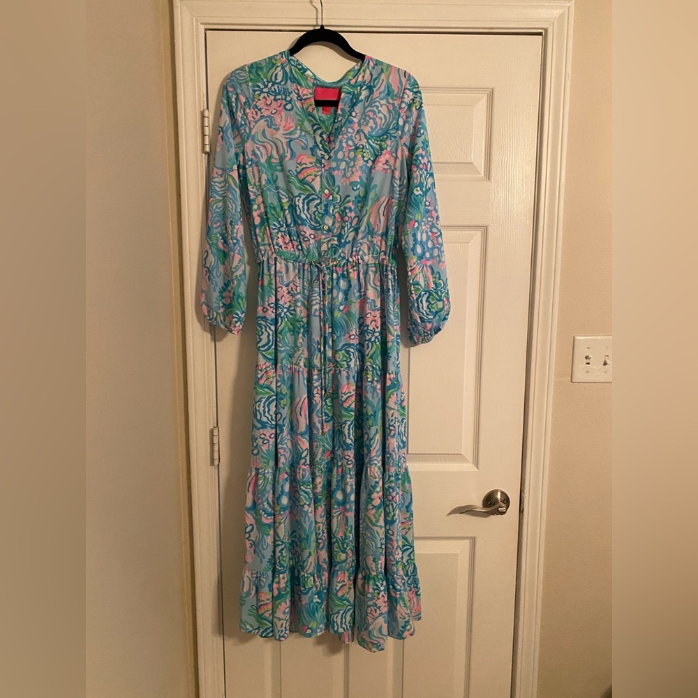 Lilly Pulitzer.Aqua La Vista.Floral Blue/ Pink Maxi Dress.Long Sleeve.Size 4.NWT